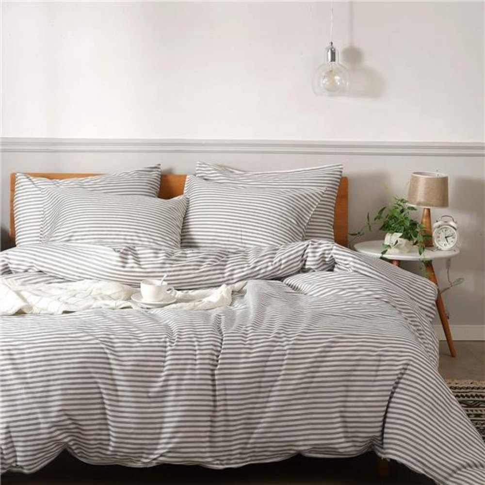 100%Natural Cotton 3pcs Striped Duvet Cover Sets with Zipper Closure&Corner Ties